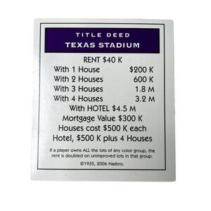 Monopoly Electronic Banking Texas Stadium Property u Title Deed Card Replacement